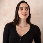 Motherhood Maternity Women's Long Sleeve V-Neck Side Ruched Henley Pregnancy Tee Shirt, Black, Small