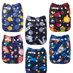 Set of colorful baby diapers with various patterns on a white background