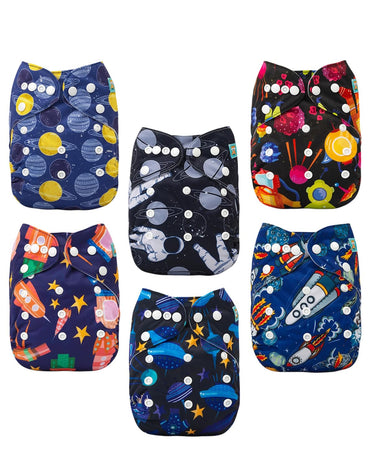 Set of colorful baby diapers with various patterns on a white background