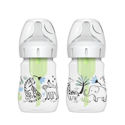 Two baby bottles with animal illustrations on a white background