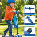 Gotrax KS3 Kids Kick Scooter, LED Lighted Wheels, Adjustable Height Handlebars and Removable Seat, Lean-to-Steer & Widen Anti-Slip Deck, 3 Wheel Scooter for Kids Ages 2-8 and up to 100 Lbs (Blue)