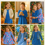 PATPAT Toddler Girl 2-Pack Long Sleeve A-line Dress Set School Days & Special Events, Deep Blue Camellia, 3 Years