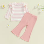 FOCUSNORM Toddler Baby Girl Outfits Ruffle Long Sleeve Striped Trim Tops + Flare Pants Set Toddler 2Pcs Fall Winter Clothes (Striped Pink, 18-24 Months)