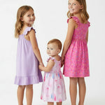 PATPAT Girls Summer Dress Set – Pink Ice Cream & Sprinkle Prints, Ruffle Sleeves & Lavender Smocked Strap Dress, Perfect for School, Play & Parties, 4–5T