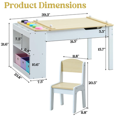 GABHX Kids Art Table Set with Chairs, 3-in-1 Kids Art Easel & Craft Desk for Coloring Drawing, Activity Table with 6 Paint Cups, 6 Storage Bins & Paper Roll Holder