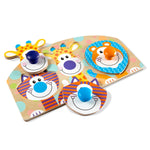 Children's wooden puzzle with animal faces on a white background