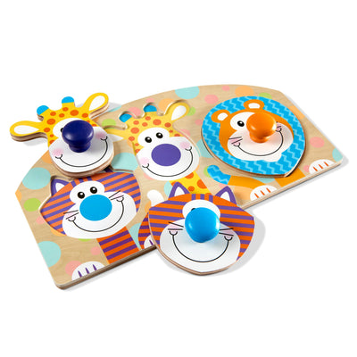 Children's wooden puzzle with animal faces on a white background