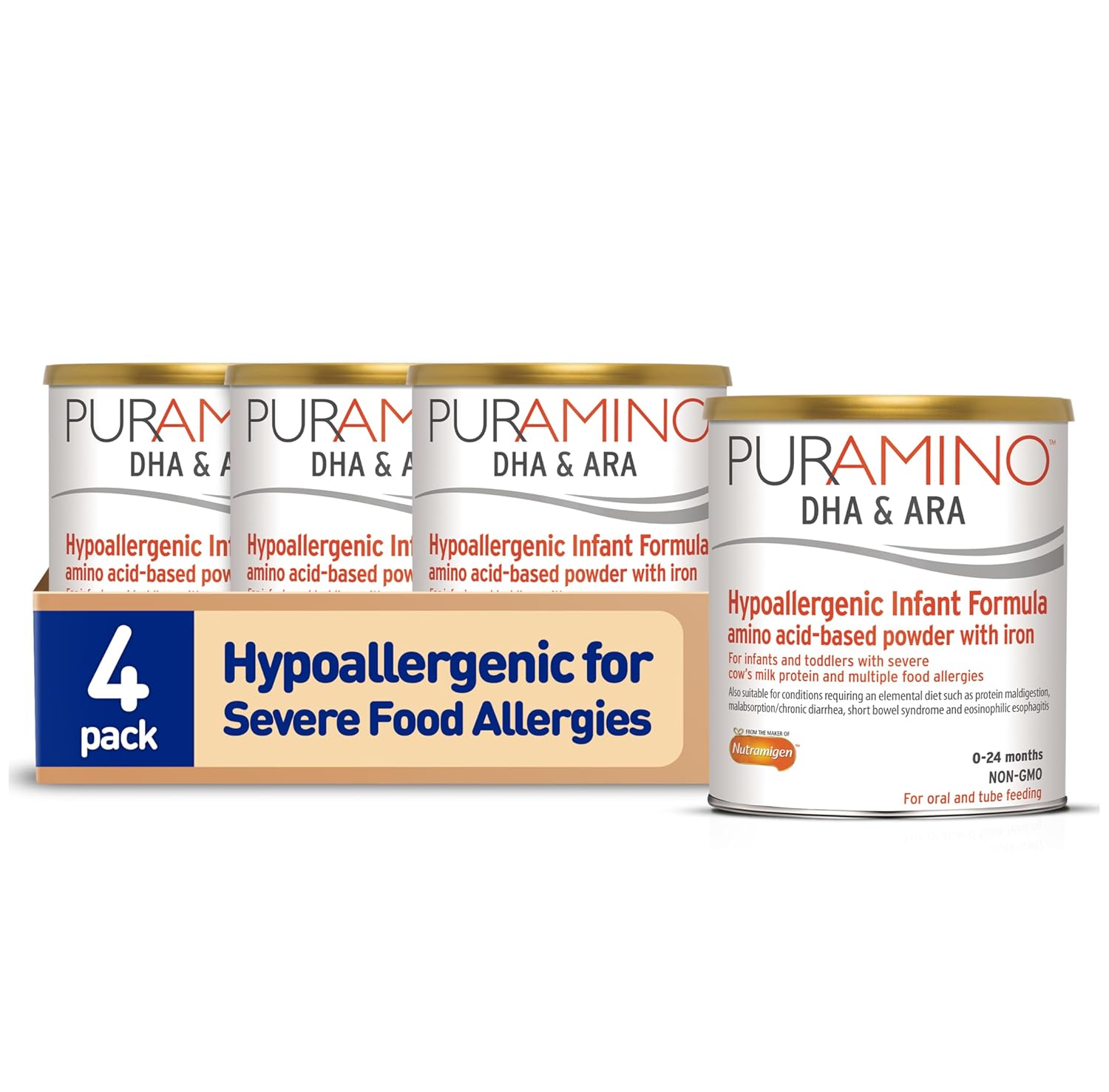 PurAmino Hypoallergenic Infant Drink, for Severe Food Allergies, Omega-3 DHA, Iron, Immune Support, Powder Can, 14.1 Oz (4 Count)