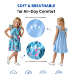 PATPAT Girls Summer Dress Set – Blue Tropical Leaf, Stripe Dress & Pink Ruffle Sundress, Soft Cotton for Daycare, Park & Travel, 4–5 Years