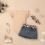 CETEPY Baby Girl Clothes 0-3 Months Newborn Romper Ruffle Sleeve Short Jeans Skirt with Headband Infant Outfits Set Sunflower Leopard 0-3 Months