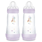 Two baby bottles with purple accents and giraffe illustrations on a white background