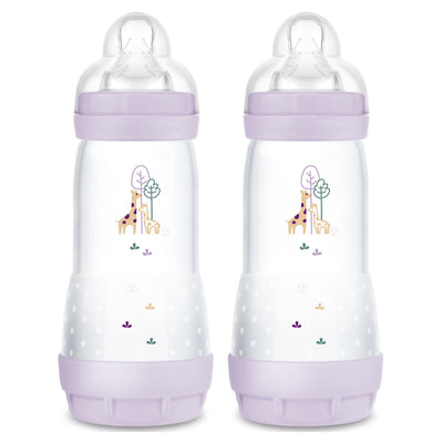 Two baby bottles with purple accents and giraffe illustrations on a white background