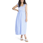 Motherhood Maternity Women's Sleeveless Ruffle Shoulder Smocked Maxi Pregnancy Dress, Blue/White Stripe, Medium