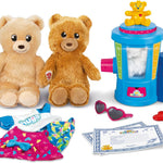 Two teddy bears with a toy cotton candy machine, sunglasses, and a certificate on a white background.