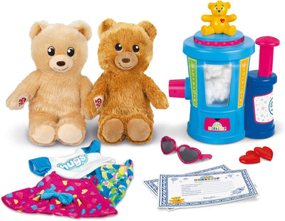 Two teddy bears with a toy cotton candy machine, sunglasses, and a certificate on a white background.