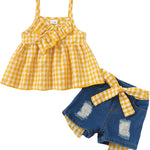 Kucnuzki Baby Girl Clothes Toddler Girl Summer Two Piece Outfit Kids Ruffle Sleeveless Plaid Tops Denim Jeans Shorts Set
