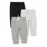 Amazon Essentials Unisex Babies' Cotton Pull-On Pants, Pack of 3, Black/Light Grey Heather/Stripe, 18 Months