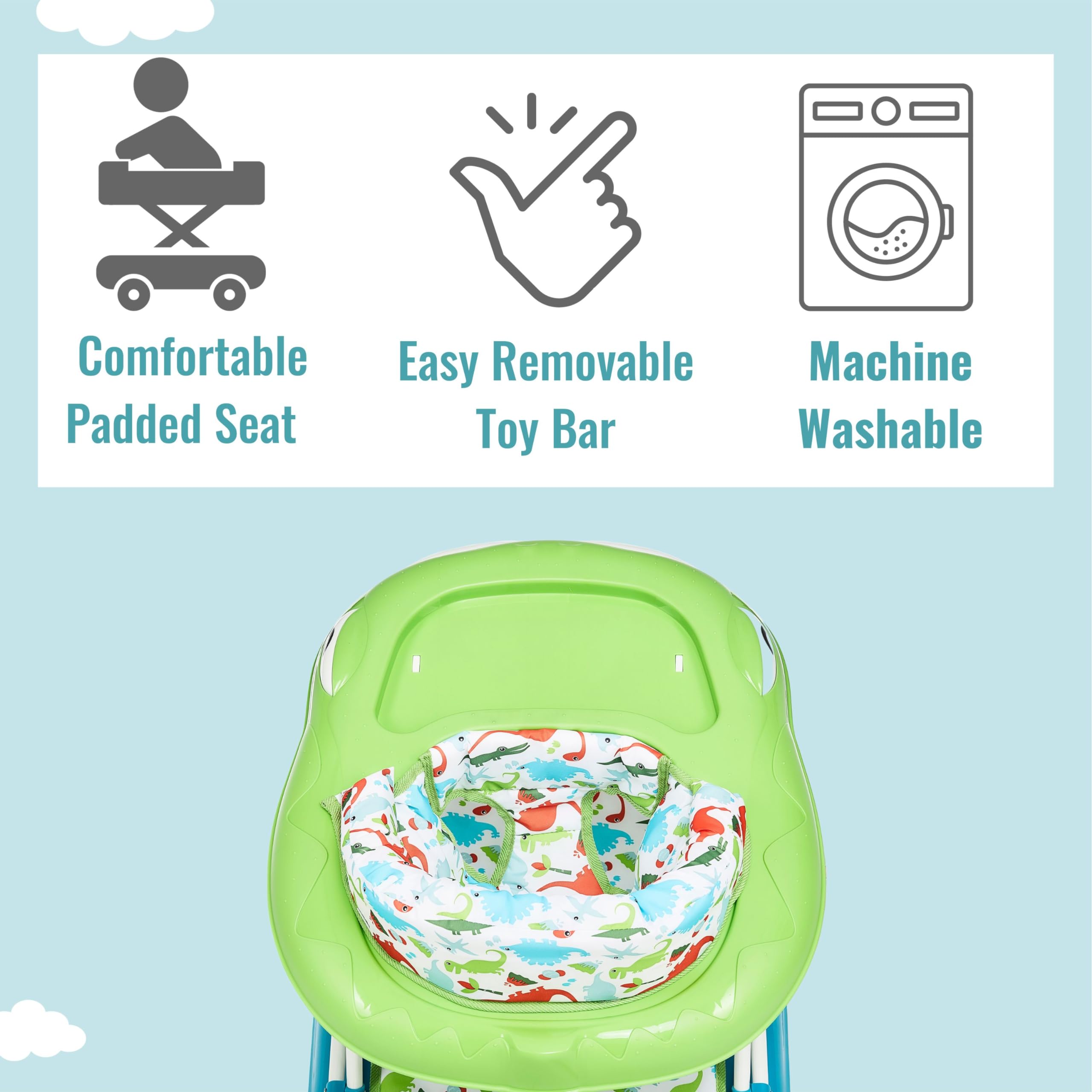 Dream On Me Baby Steps Baby Walker in Blue and Green, Adjustable Three Position Height Setting, Removable Tray, Easy to Fold and Store Baby Walker