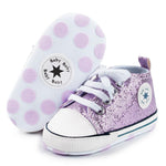 KKIIDDSS Unisex Baby Girls Boys Canvas High-top Shoes, Newborn Infant Anti-Slip Soft Sole Frist Walking Sneakers (B01/Sequin Purple, 6-12 Months)