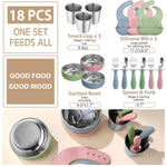 Yinder 15 Pack 304 Stainless Steel Baby Feeding Set Baby LED Weaning Supplies Kids Bowls with Removable Silicone Shell Spoons Forks Silicone Pocket Bibs Cup for Toddler Food Feeding Dishwasher Safe