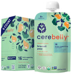 Cerebelly organic baby puree packaging with broccoli and pear flavor on a white background