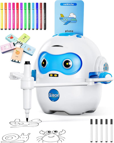 QIBOX robot-shaped pen holder with markers and drawing samples on a white background