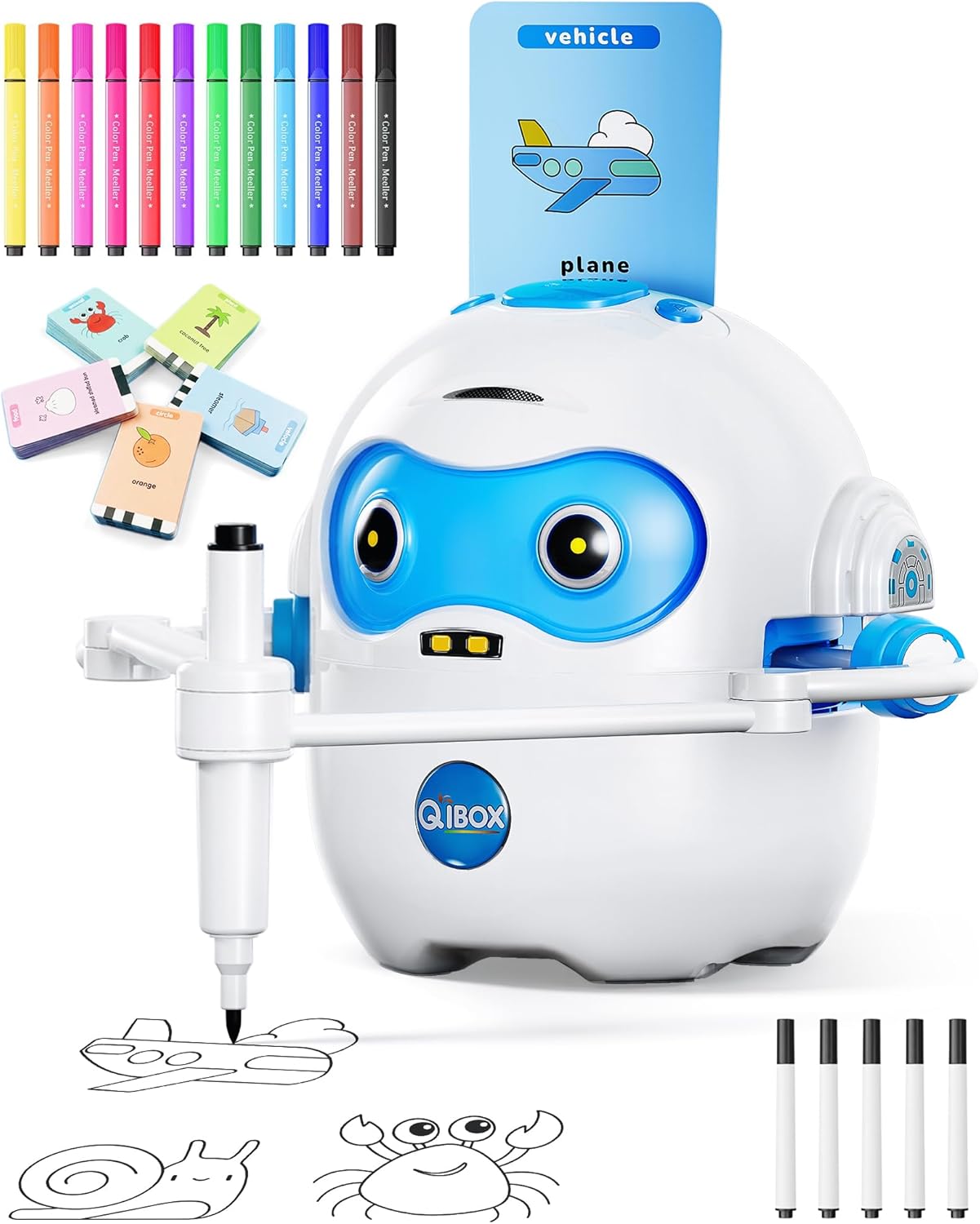 QIBOX Drawing Robot for Kids, 4-in-1 Draw/Learn/Spell/Music Interactive Educational Robot Drawing Machine with 100 Cards & 12 Color Pens,Learning Toys for 3 4 5 6 7 8 Year Old Boys Girls Birthday Xmas