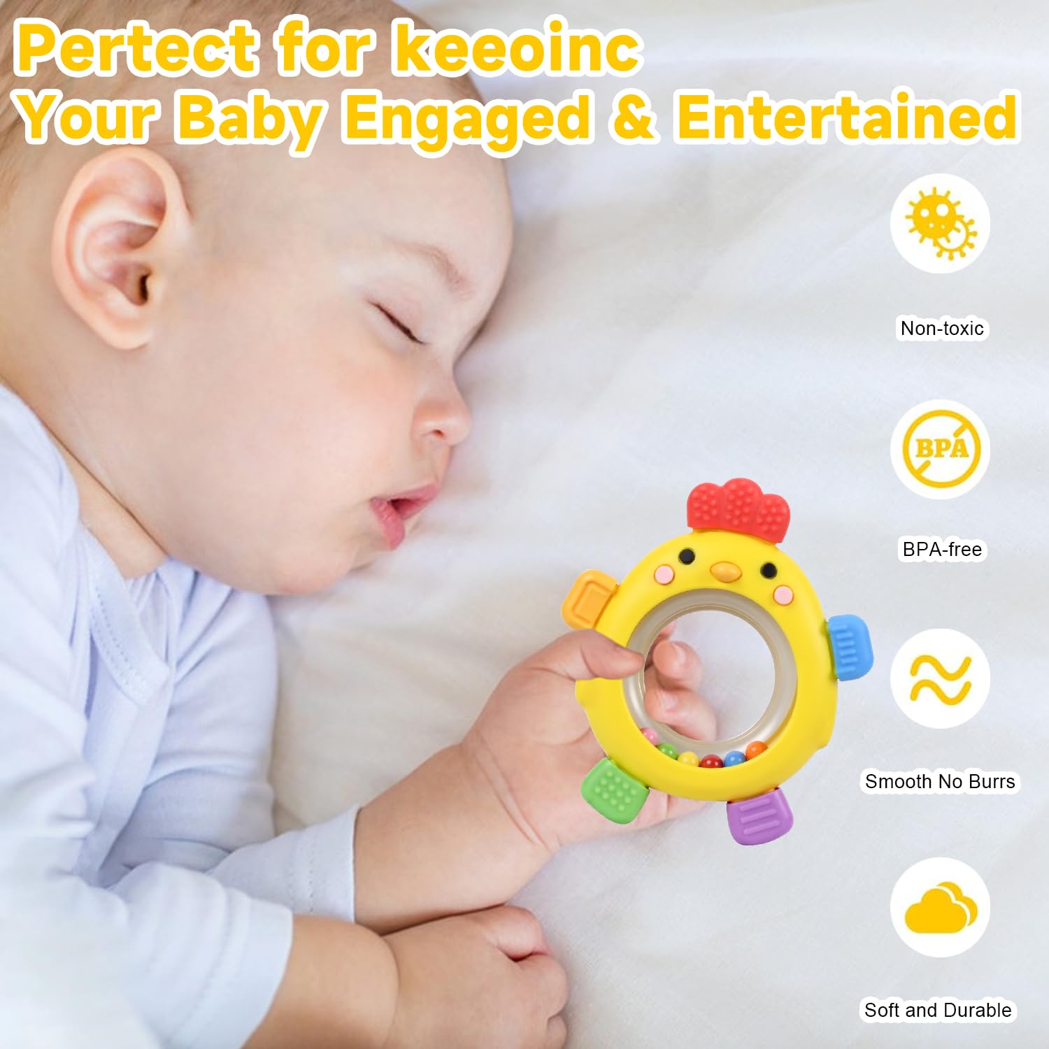 WALULAN Sensory Toys for Babies, 2 Pack Baby Teething Rings Toys for 0-3 3 6-12 Months Baby Rattle Teether Silicone Teether Relief Chew Soothing,BPA Free,Sore Gums Babys Teethers Toys