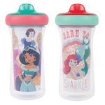 Two children's sippy cups with princess-themed designs on a white background