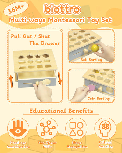 Biottro Montessori Toys for 3 4 5 Year Old - 5 in 1 Learning Education Toy for Toddler Kid Boys Girls - Shape Matching Stacking Color Sorting Beads Lacing Sensory Fidget Gifts