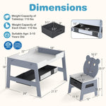 Costzon Kids Table and Chairs, Multifunctional Art Desk Set w/Chalkboard & Whiteboard, 4 Hooks, Large Storage Space and 2 Bins for Children 3+, Toddler Activity Table Set (Gray, 27.5” x 24” x 18”)