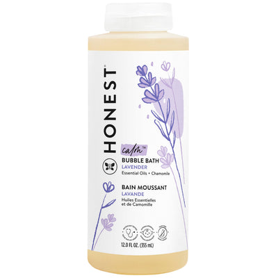 Honest Company lavender bubble bath bottle on a white background