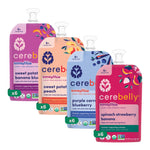 Four packages of Cerebelly smoothie pouches on a white background