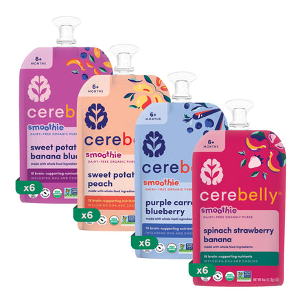 Four packages of Cerebelly smoothie pouches on a white background