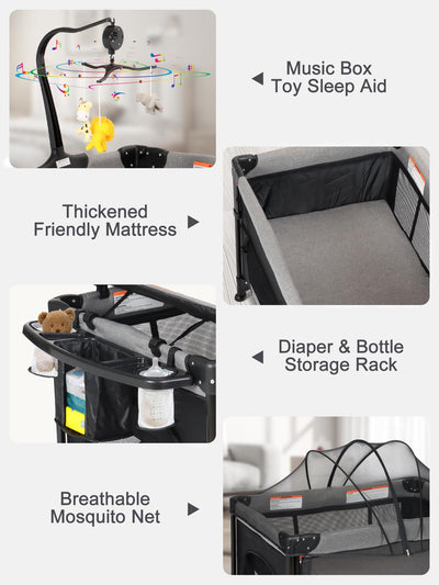 BIUSIKAN Baby Bassinet, Pack and Play with Bassinet, Bassinet Bedside Sleeper with Diaper Changer, Mosquito Net, Music Box, Portable Crib with One-Click Installation, Playard for Newborn to Toddlers