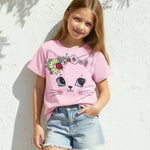 PATPAT Girls Shirts Size 7-8 Pink Cat Print Graphic Tees, Cat Shirts for Girls, Crew Neck Short Sleeve Pink Tops Summer Clothes Little Sister Outfit Cheer Tops