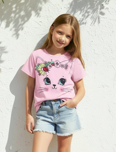 PATPAT Girls Shirts Size 7-8 Pink Cat Print Graphic Tees, Cat Shirts for Girls, Crew Neck Short Sleeve Pink Tops Summer Clothes Little Sister Outfit Cheer Tops