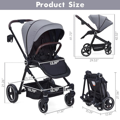 Stroller for Newborn, Convertible Baby Pram with Reversible Seat and One-Hand Fold, High Landscape Toddler Infant Pushchair with Storage Basket, Adjustable Footrest & Canopy, UPF 50+ Canopy (Grey)