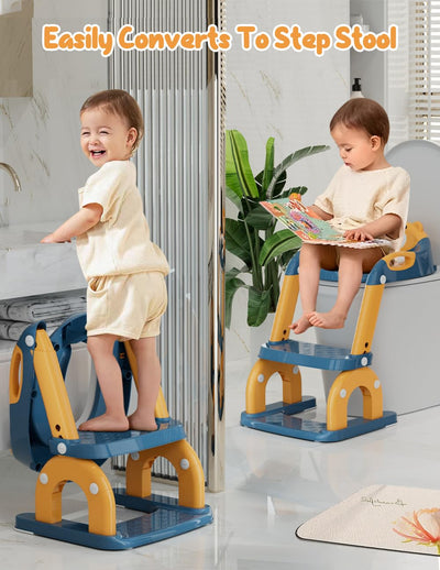 Potty Training Seat with Step Stool, Toddler Potty Training Toilet Seat with Non-Slip Step Splash Guard Safety Handles and Waterproof Cushion, 2 In 1 Toddler Potty Seat