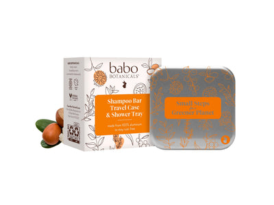 Babo Botanicals shampoo bar travel case and shower tray on a white background