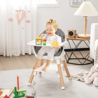 BABY JOY Baby High Chair, 6 in 1 Convertible Wooden High Chair for Babies & Toddlers with Adjustable Legs, Double Removable Tray, Safety Harness & Waterproof PU Cushion (White)