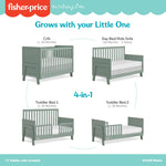 Dream On Me Fisher Price Iris 4-in-1 Convertible Crib in Meadow Green, Greenguard Gold & JPMA Certified, Converts from Baby Crib to Day Bed, Full-Size Bed and Toddler Bed