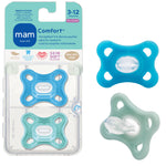 Mam comfort pacifiers in blue and green with packaging on a white background
