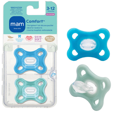 Mam comfort pacifiers in blue and green with packaging on a white background