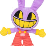 Plush toy with a purple bunny-like design wearing red overalls on a white background