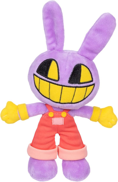Plush toy with a purple bunny-like design wearing red overalls on a white background