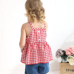 Kucnuzki Baby Girl Clothes Toddler Girl Summer Two Piece Outfit Kids Ruffle Sleeveless Plaid Tops Denim Jeans Shorts Set