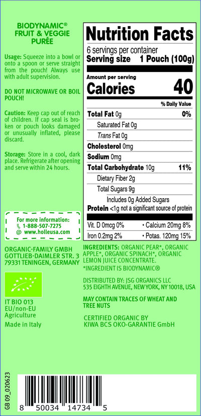 Holle Organic Baby Food Pouches - Power Parrot Baby Puree with Pear, Apple & Spinach - (6 Pack) Organic Baby Snacks + Fruit and Veggie Pouches for Weaning Babies 6 Months and Older