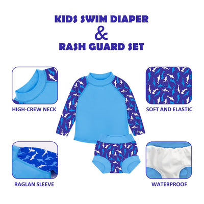 BIG ELEPHANT 2 Pcs Rash Guard Swim Diapers Sets for Unisex Baby, Boys Girls Long Sleeve Swimsuit with UPF 50+ Sun Protection Blue Shark