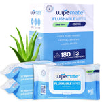 Wipemate ULTRA Flushable Butt Wipes, Soothing Vitamin E & Aloe, 99% Water, Aloe Vera Scent Premium Super Soft Hygiene Wipes, Septic & Sewer Safe, 3 Premium Flip-Top Packs (180ct)